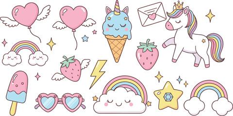 Cute Colorful Princess Fairy Tale Castle Flat Vector Set