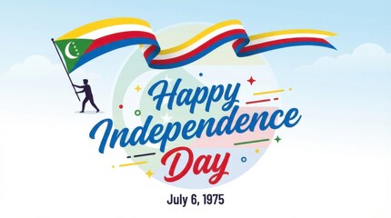 comoros flag for independence day on white background with waving ribbon flag and date