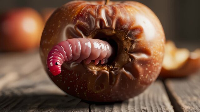 Animated Worm Exits Hole in Spoiled Apple on Wooden Surface Close Up