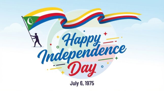 comoros flag for independence day on white background with waving ribbon flag and date - Powered by Adobe