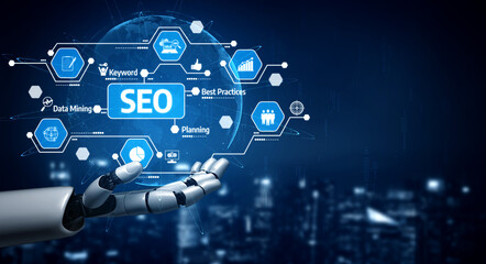 A robotic hand displays various SEO concepts, capturing the essence of digital strategy with icons, representing data mining, keyword research, and innovative planning. Tessel
