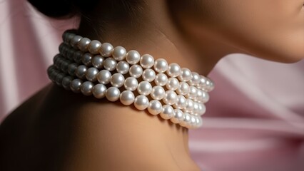 Elegant Woman Wearing a Multi-Strand Pearl Choker Necklace.