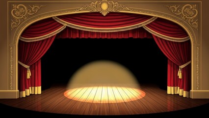 Empty Theater Stage with Red Curtains and Spotlight.