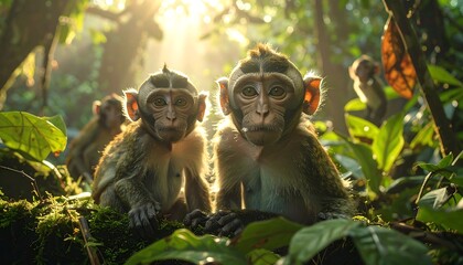 Two baby monkeys in a lush forest, bathed in sunlight