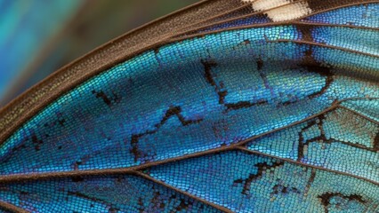 Close-up of a vibrant blue butterfly wing showcasing intricate patterns and iridescent scales.