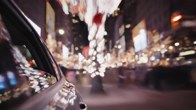 Night City Street View From Car Window With Holiday Lights.
