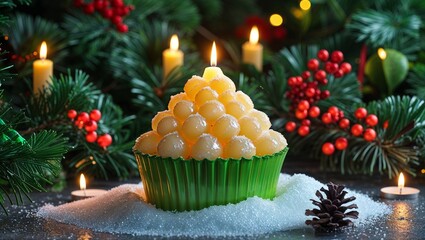 christmas cake with candles and decorations