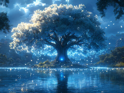 Surreal scene game material - Giant tree in the lake