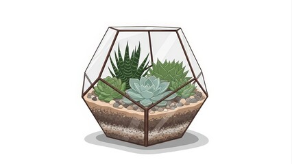 Geometric Terrarium with Succulents and Cacti on White Background.
