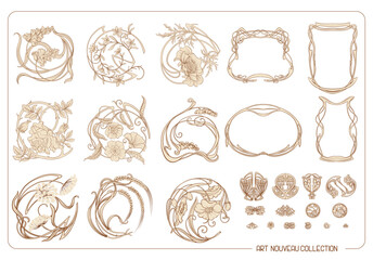 Decorative flowers and leaves in art nouveau style, vintage, old, retro style. Border, frame, template for product label, cosmetic packaging. Easy to edit. Vector illustration.