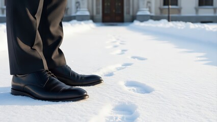 Man in black shoes and trousers standing on a snow-covered path with footprints leading away.
