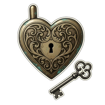Ornate Heart Shaped Padlock with Key, Vintage Metal Design on Transparent Background