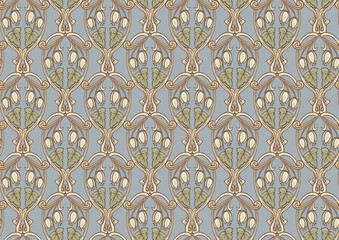 Decorative flowers and leaves in art nouveau style, vintage, old, retro style. Seamless pattern, background. Vector illustration. In art nouveau style, vintage, old, retro style.