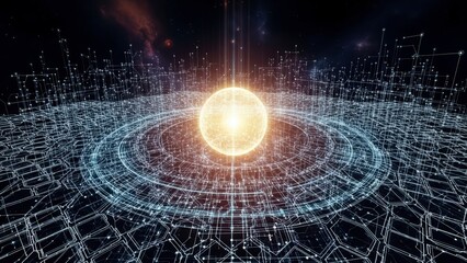 Abstract glowing sphere with digital circuit grid, representing quantum computing and advanced technology.