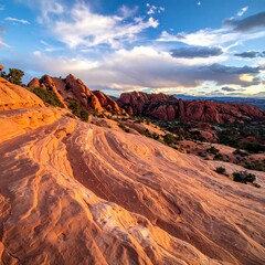 Sunset over layered sandstone peaks