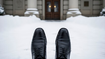 First-person view of black dress shoes standing in fresh snow in front of a grand building entrance with pillars.