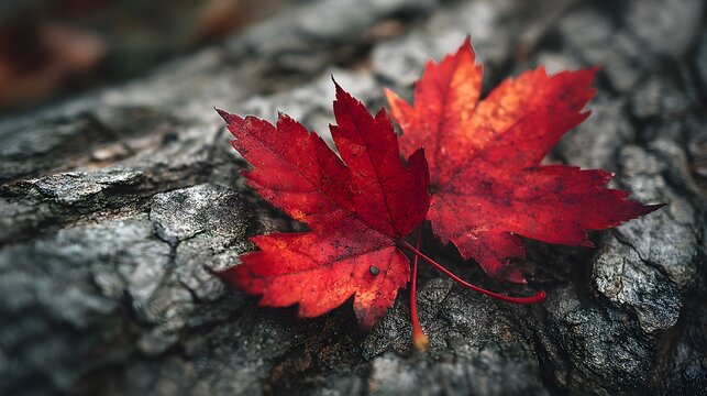 Two vibrant red autumn leaves rest on rough grey tree bark, showcasing high contrast texture and sharp detail in the fall season light.
