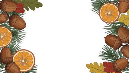 Autumnal Border with Acorns, Pine Needles, Dried Oranges, and Oak Leaves.