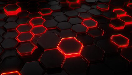 Futuristic 3D abstract graphic featuring a hexagonal honeycomb pattern with a glowing red edge