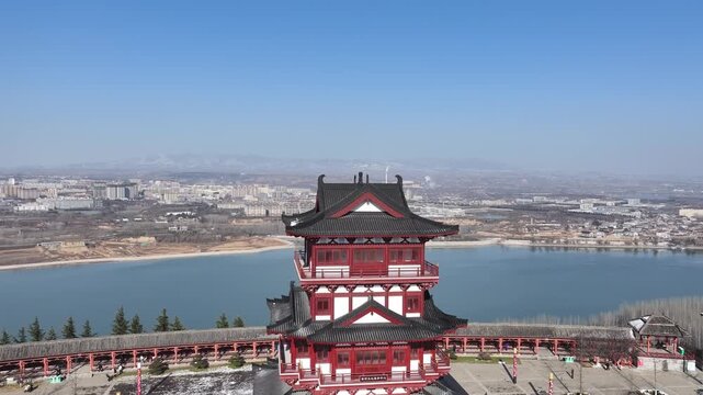Traditional Chinese Pagoda at Sanmenxia Overlooking Yellow River