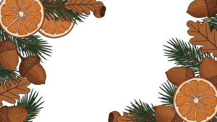 Festive Winter Border with Dried Oranges, Pine Needles, and Acorns.