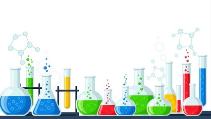 Colorful Laboratory Glassware with Bubbling Liquids and Molecular Structures.