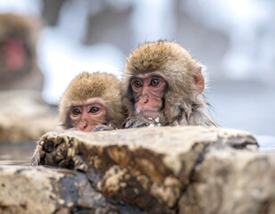 Two baby snow monkeys in a hot spring