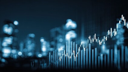 Financial analysis concept with a rising chart overlaid on a blurred cityscape at night