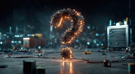 Illuminated question mark composed of textured, glowing particles against a cityscape background
