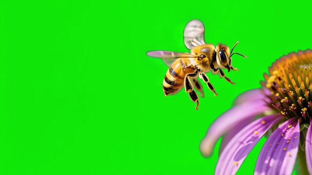 honey bee flying on flower isolated green screen video