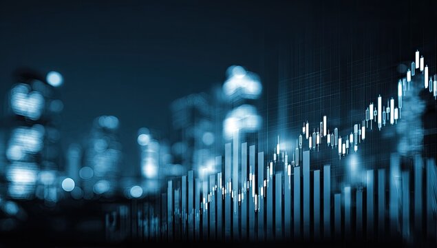Financial analysis concept with a rising chart overlaid on a blurred cityscape at night - Powered by Adobe