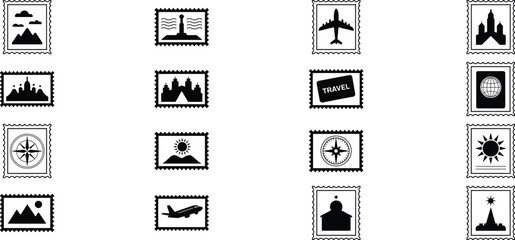 travel postage stamps icons for adventure and world exploration designs featuring landmarks mountains and airplanes
