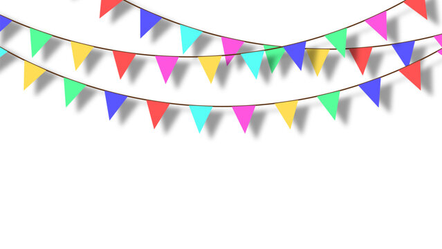 Colorful bunting flags garland string decoration for party celebration event festive banner with realistic shadows isolated on