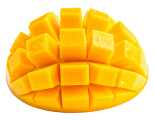 Extreme Close-up of a Single Flying Mango Half, Focus on Juicy Texture, with juice droplets, isolated