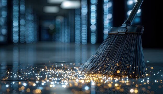 A broom sweeps up glowing particles in a futuristic hallway, symbolizing data cleanup