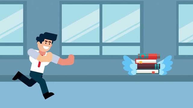 A businessman runs after a stack of books with wings, symbolizing the pursuit of knowledge, education, learning, or self-improvement in a business or professional environment