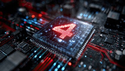 Close-up of a central processing unit, lit up with red, blue and white lights; a digital "4" shines
