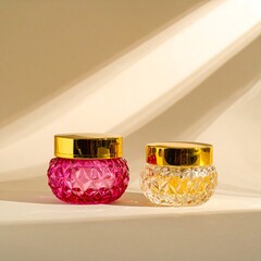 Two decorative glass jars, gold lids, muted light