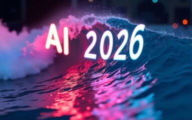 Colorful image of a wave with the word AI 2026 written in neon colors. High quality