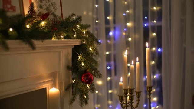 christmas tree with candle in cozy living room