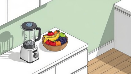 Isometric view of a kitchen counter with a blender and a bowl of fresh fruit, illustrating healthy eating and modern kitchen appliances.