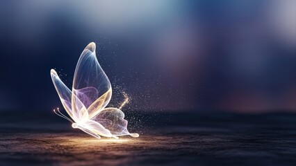 Glowing ethereal butterfly resting on a dark surface with a soft light.