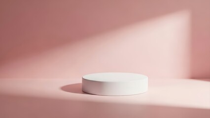 Minimalist White Product Display Podium on Pink Background with Sunlight Shadow.