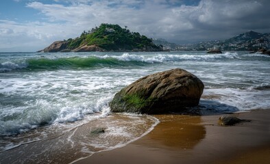 Coastal scene with a rock in the foreground, water, island, cloudy sky and buildings