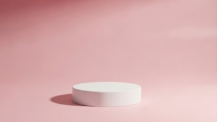 Minimalist White Round Podium on Pink Background with Shadow Overlay.