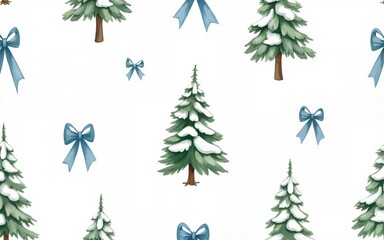 Hand drawn Christmas seamless pattern with a snow covered fir tree and blue bows. Watercolor illustration. High quality