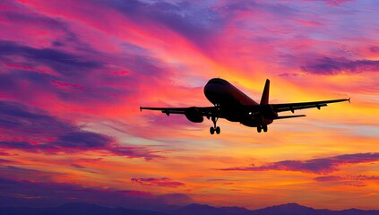 A silhouette of an airplane ascending against a fiery sky at dusk
