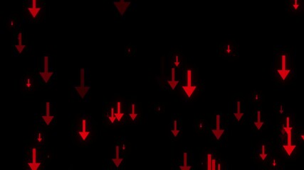 Animated glowing red arrows moving downward against a black background. A futuristic digital animation symbolizing the decline of progress, success, and financial decline. Ideal for business and tech - Powered by Adobe