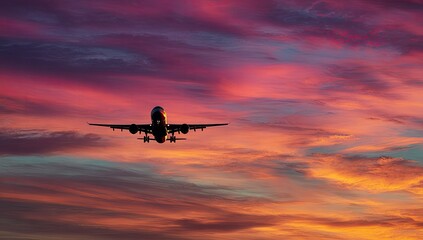 A silhouette of an aircraft taking off against a vibrant, fiery sunset (1)
