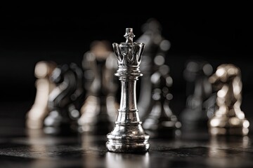 A regal silver king chess piece stands at the forefront, with other pieces blurred behind